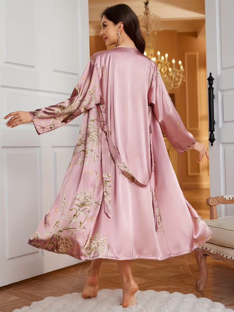 Women’s 2-Piece Floral Satin Robe & Chemise Set – Dusty Rose Cowl Neck Sleepwear