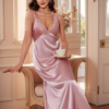 Dusty Rose Floor-Length Satin Lace Chemise – Elegant Maxi Nightgown