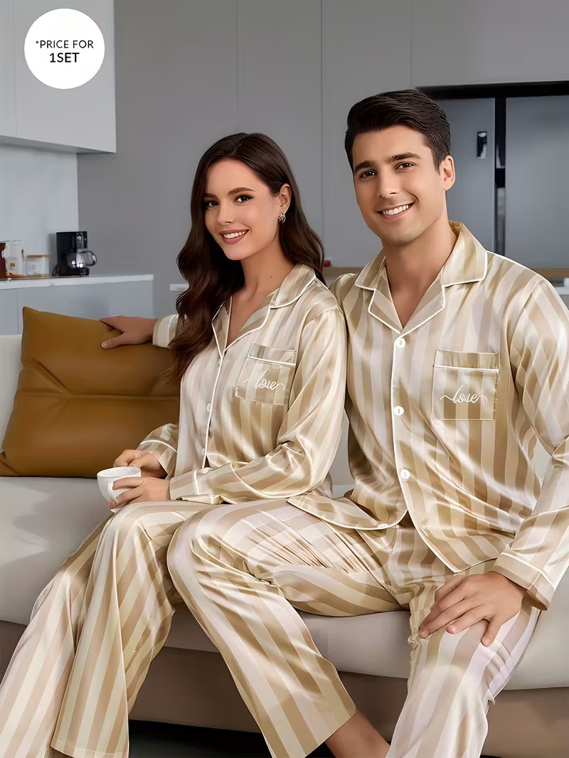 Beige Striped Satin Couple Pajama Set