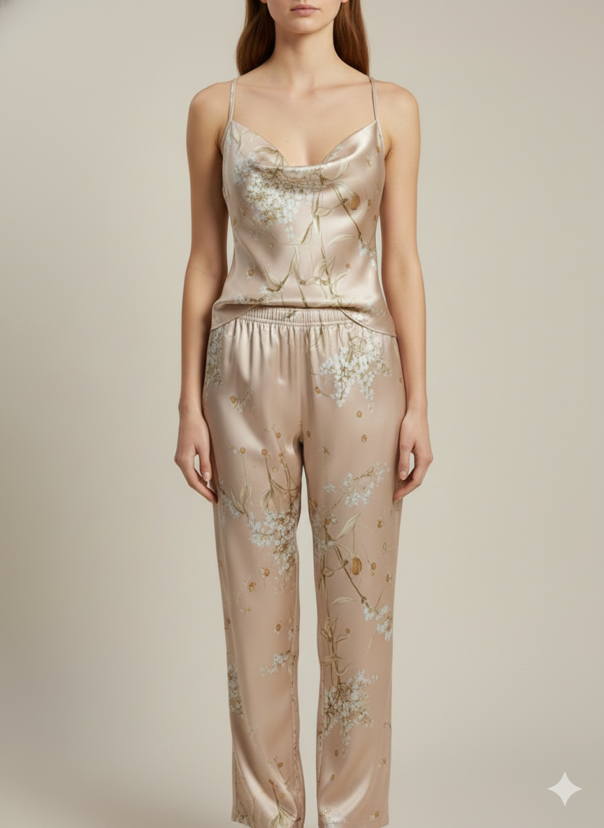 Floral Satin Lounge Set – Elegant Comfort for Everyday Relaxation - Champagne