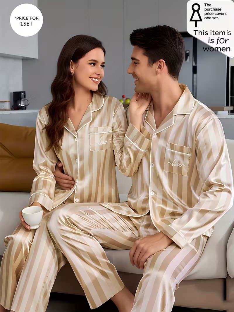 Beige Striped Satin Couple Pajama Set