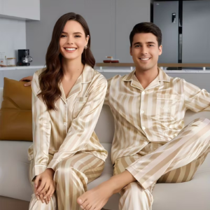 Beige Striped Satin Couple Pajama Set