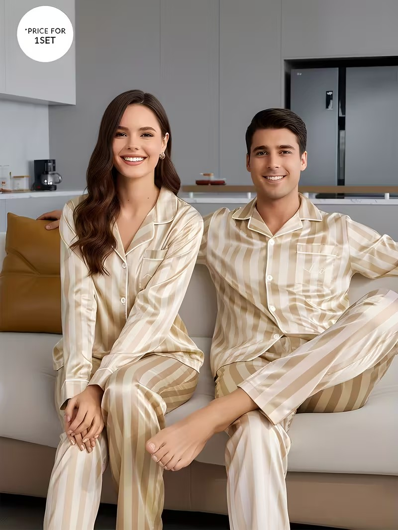 Beige Striped Satin Couple Pajama Set