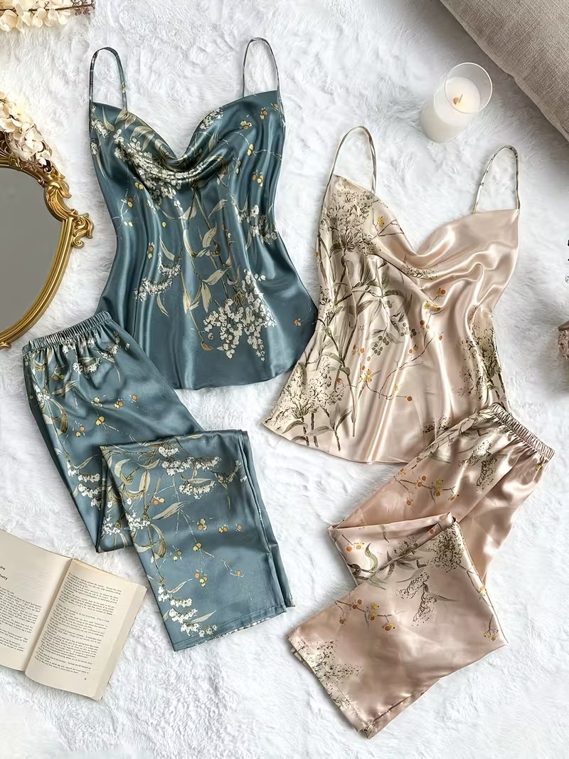 Floral Satin Cami & Trouser Lounge Set, 2pcs