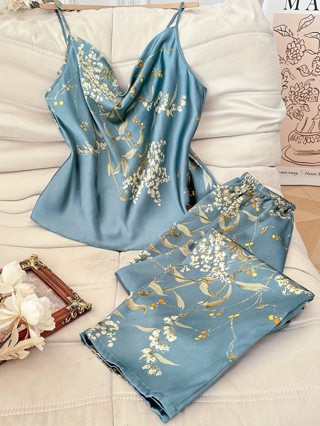 Floral Satin Lounge Set – Elegant Comfort for Everyday Relaxation - Teal blue
