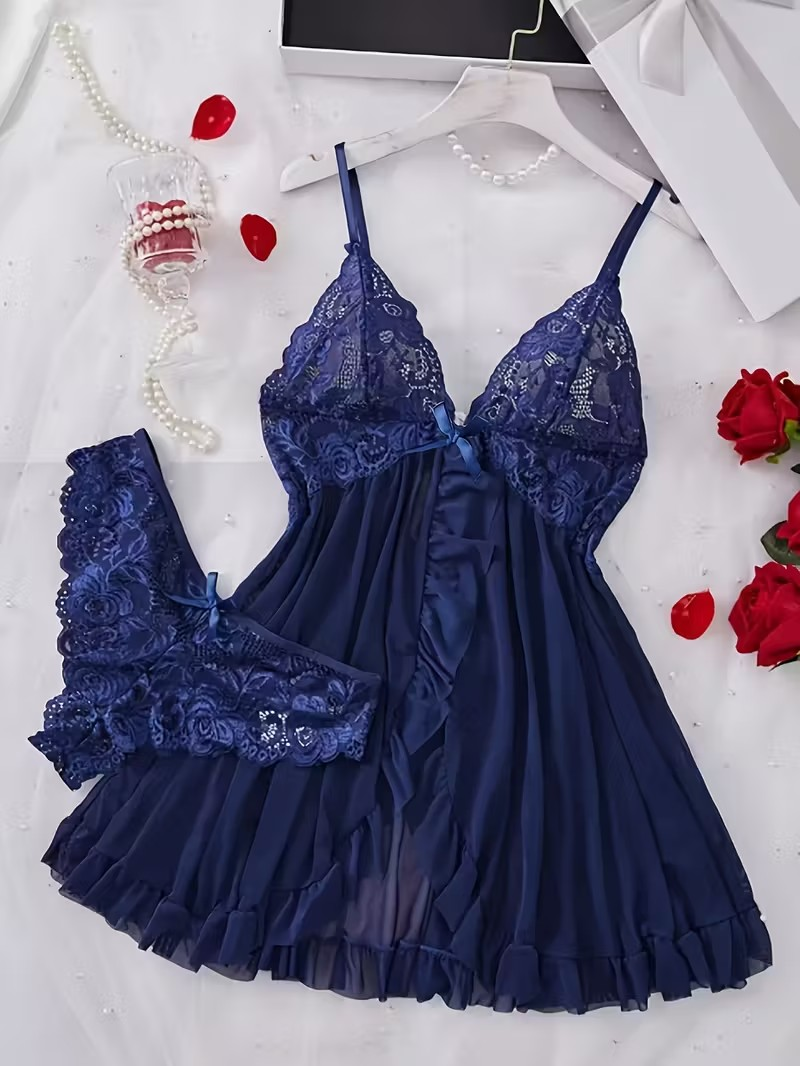 Midnight Navy Lace & Mesh Babydoll Set – Romantic 2-Piece Lingerie