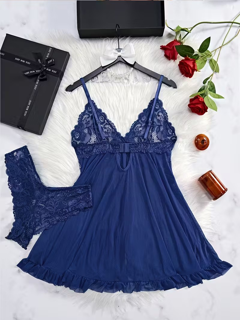 Midnight Navy Lace & Mesh Babydoll Set – Romantic 2-Piece Lingerie