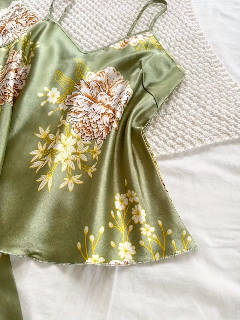 Women’s Sage Green Floral Satin 3-Piece Pajama Set – Robe, Cami & Shorts