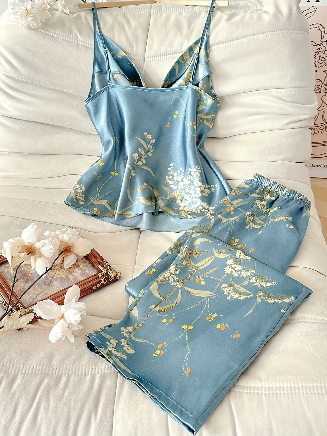 Floral Satin Lounge Set – Elegant Comfort for Everyday Relaxation - Teal blue