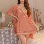 Apricot Lace Babydoll Robe Set - 2-Piece Set