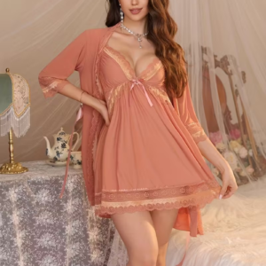 Apricot Lace Babydoll Robe Set – 2-Piece Set