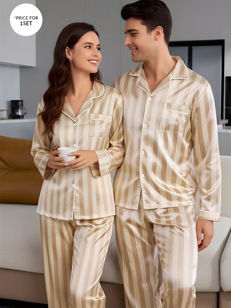 Beige Striped Satin Couple Pajama Set
