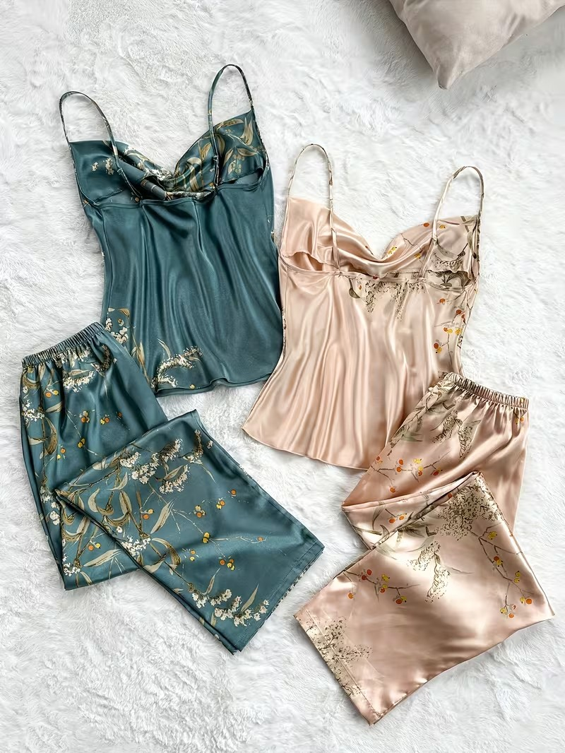Floral Satin Cami & Trouser Lounge Set, 2pcs