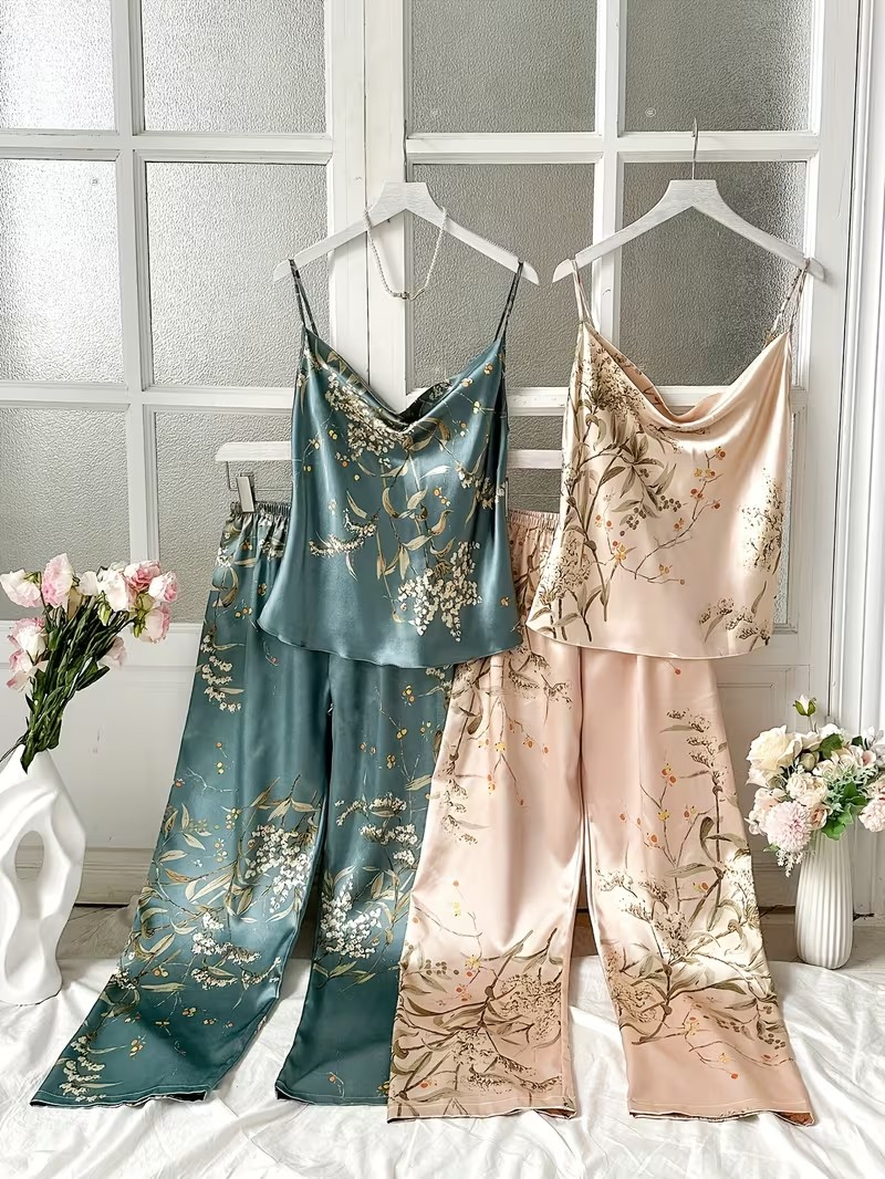 Floral Satin Cami & Trouser Lounge Set, 2pcs