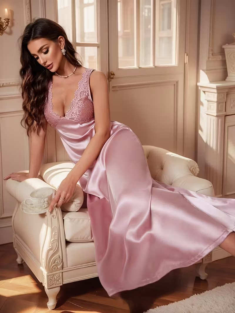 Dusty Rose Floor-Length Satin Lace Chemise – Elegant Maxi Nightgown