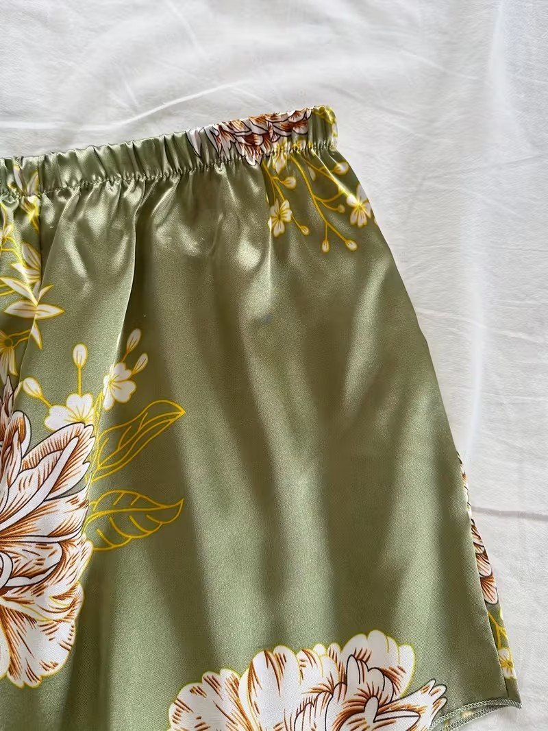 Women’s Sage Green Floral Satin 3-Piece Pajama Set – Robe, Cami & Shorts