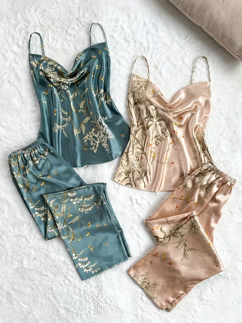 Floral Satin Cami & Trouser Lounge Set, 2pcs