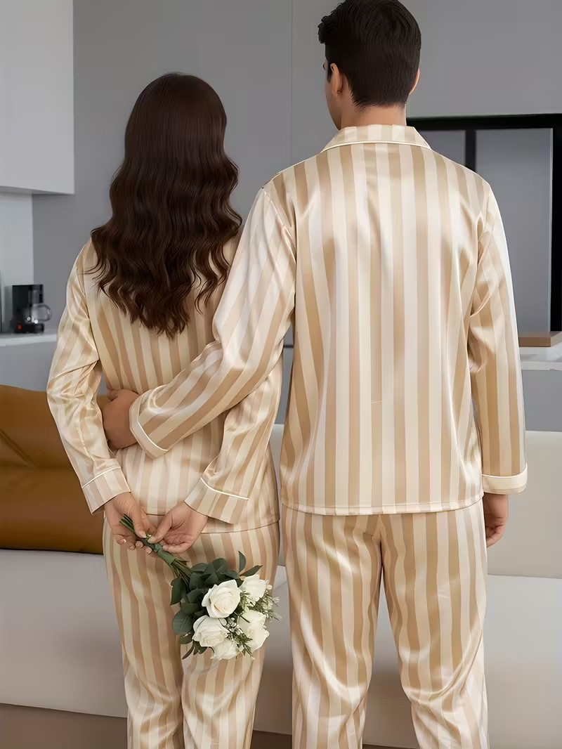 Beige Striped Satin Couple Pajama Set