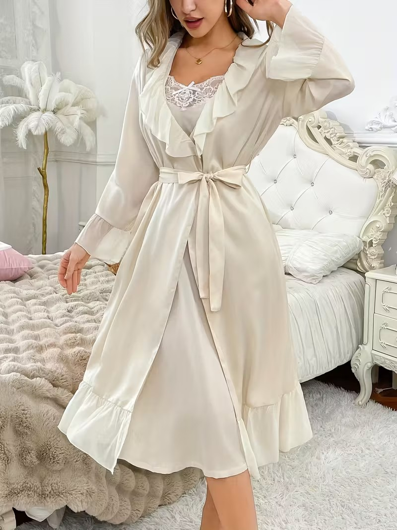 Elegant Lace-Trimmed Satin Nightgown & Robe Set - Champagne