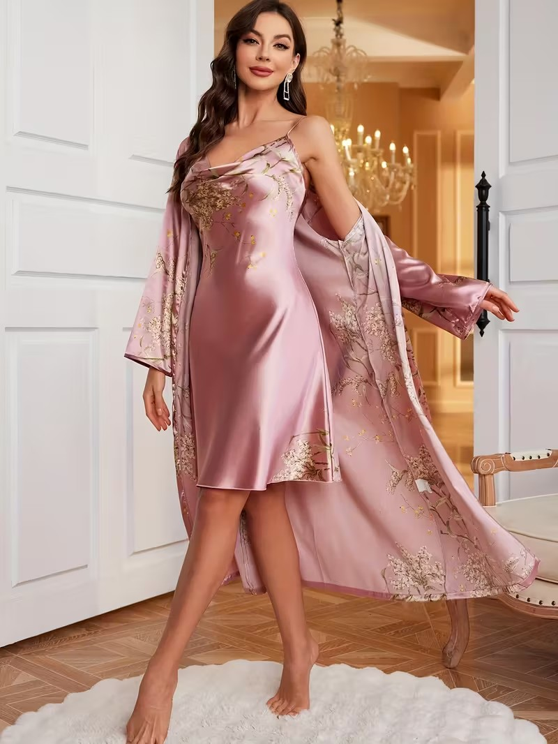 Women’s 2-Piece Floral Satin Robe & Chemise Set – Dusty Rose Cowl Neck Sleepwear