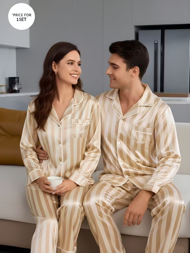 Beige Striped Satin Couple Pajama Set