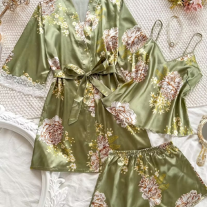 Women’s Sage Green Floral Satin 3-Piece Pajama Set – Robe, Cami & Shorts