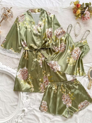 Women’s Sage Green Floral Satin 3-Piece Pajama Set – Robe, Cami & Shorts
