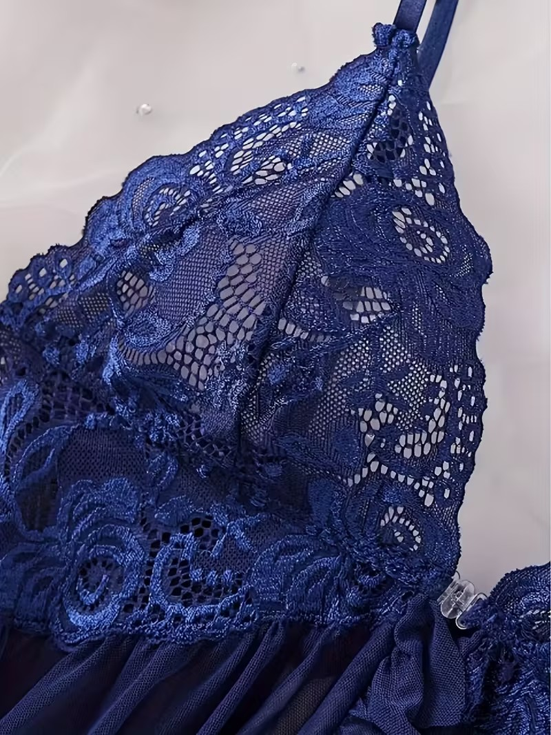 Midnight Navy Lace & Mesh Babydoll Set – Romantic 2-Piece Lingerie