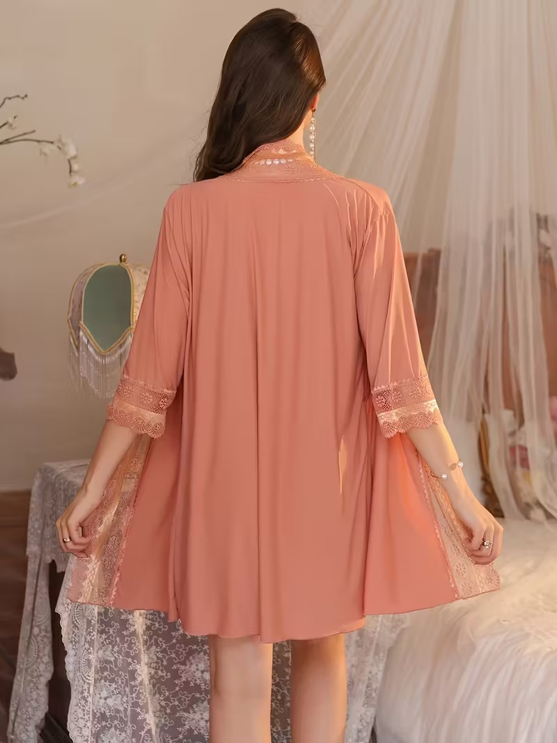 Apricot Lace Babydoll Robe Set - 2-Piece Set