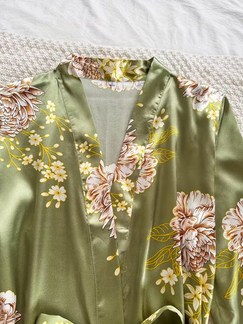 Women’s Sage Green Floral Satin 3-Piece Pajama Set – Robe, Cami & Shorts