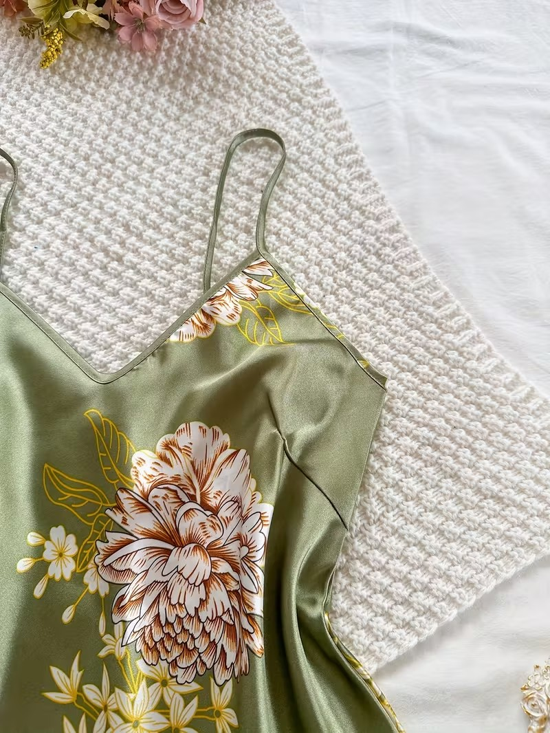 Women’s Sage Green Floral Satin 3-Piece Pajama Set – Robe, Cami & Shorts