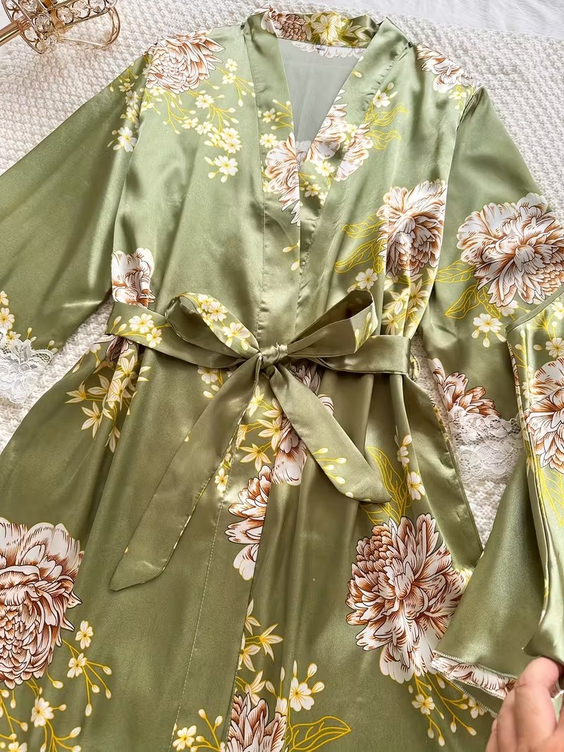 Women’s Sage Green Floral Satin 3-Piece Pajama Set – Robe, Cami & Shorts